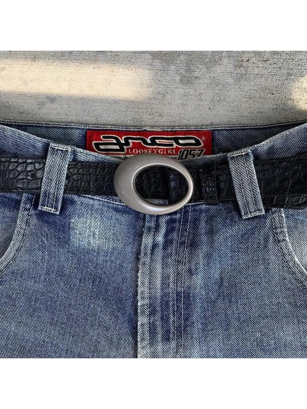 Y2k 2000s style Silver opal belt buckle with black crocodile style leather. 39